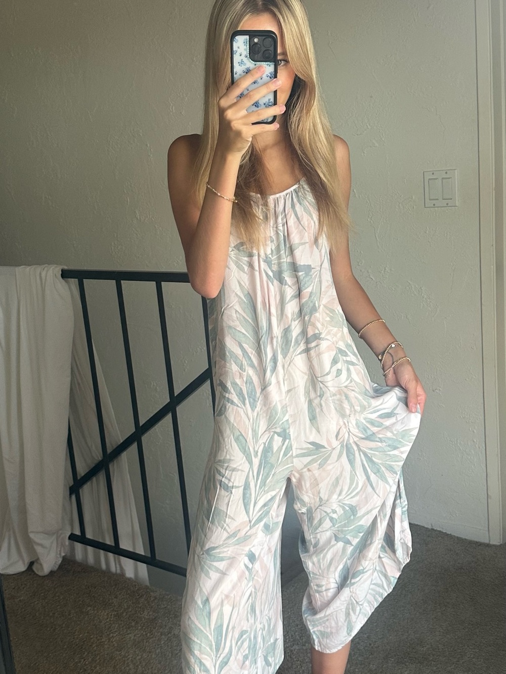 Z Supply Leaf-Print Sleeveless Wide-Leg Jumpsuit in Mint Green and Cream